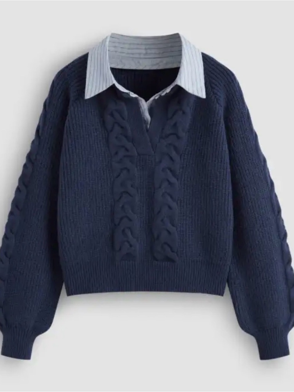 NWT Cider Navy Cable-Knit V-Neck Sweater with Faux Shirt Collar L